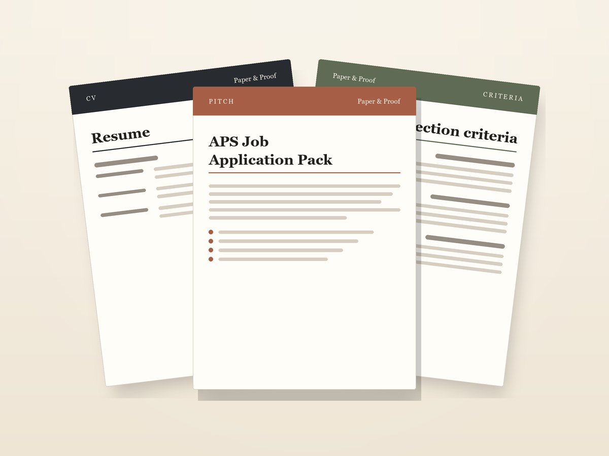 APS Job Application Pack, shown as a fanned stack of pitch, criteria and resume pages