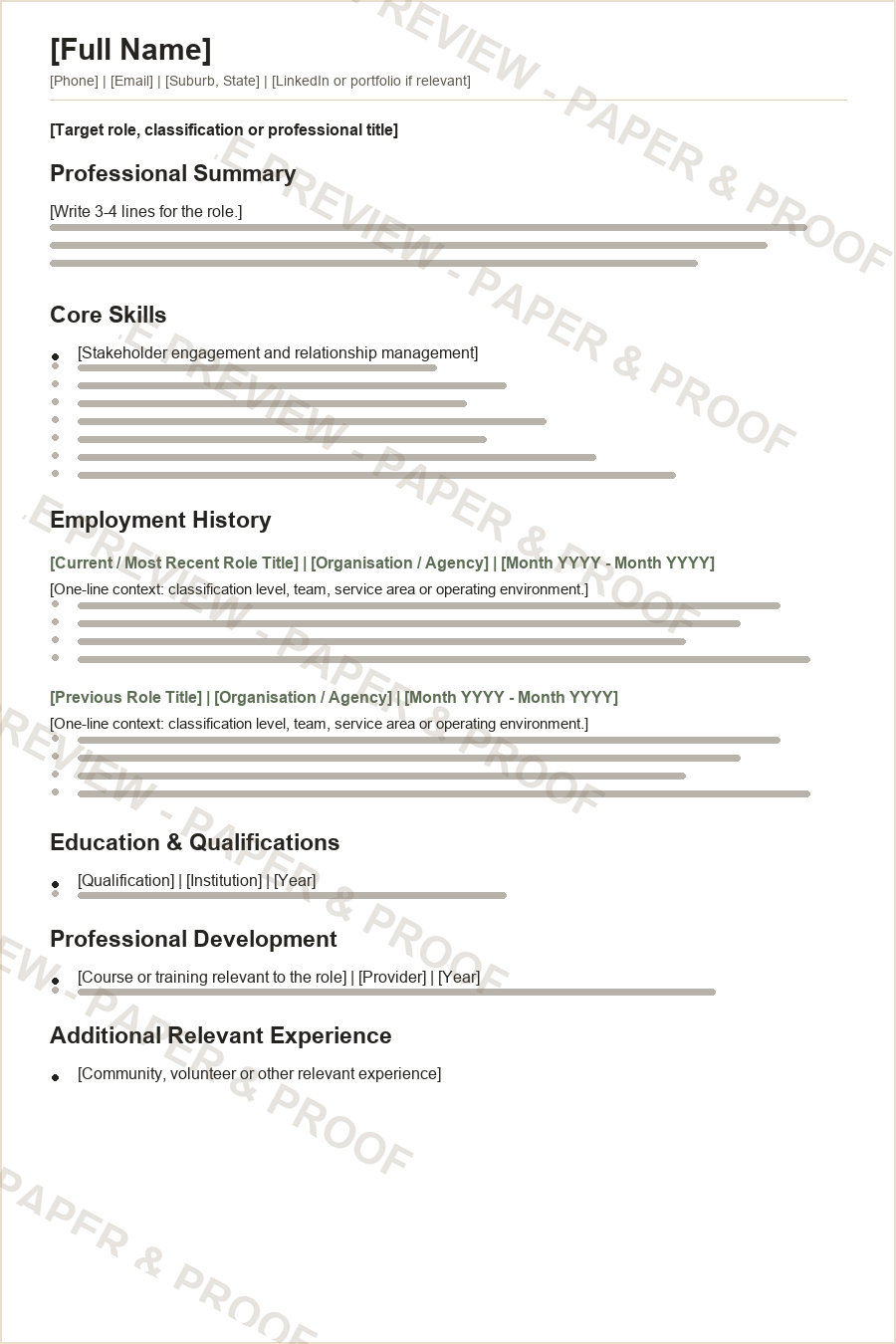 Watermarked preview of APS resume page 1 from the APS Job Application Pack