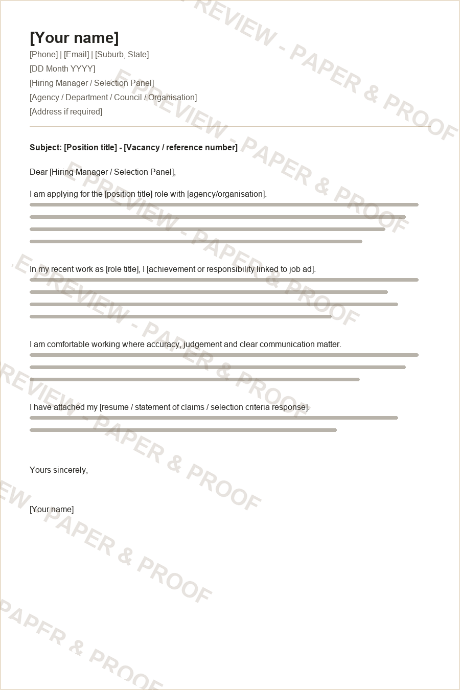 Watermarked preview of the cover letter from the APS Job Application Pack