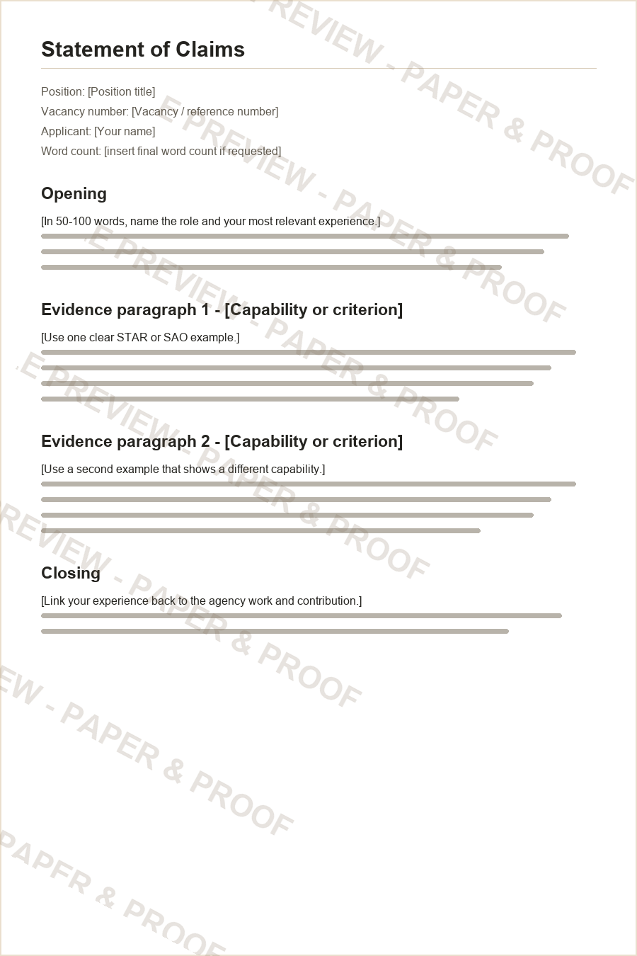 Watermarked preview of the one-page pitch from the APS Job Application Pack
