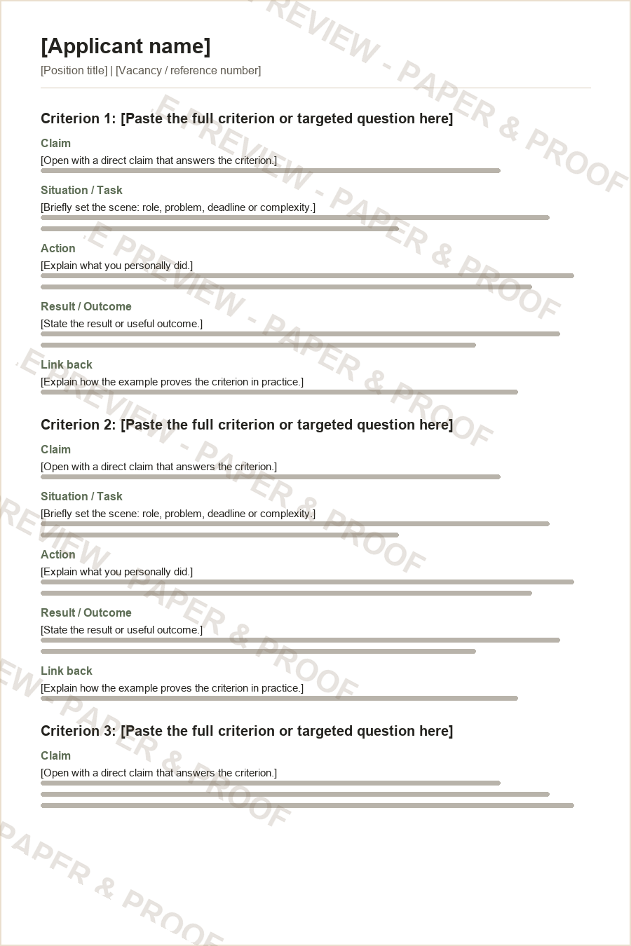 Watermarked preview of a selection criteria response from the APS Job Application Pack