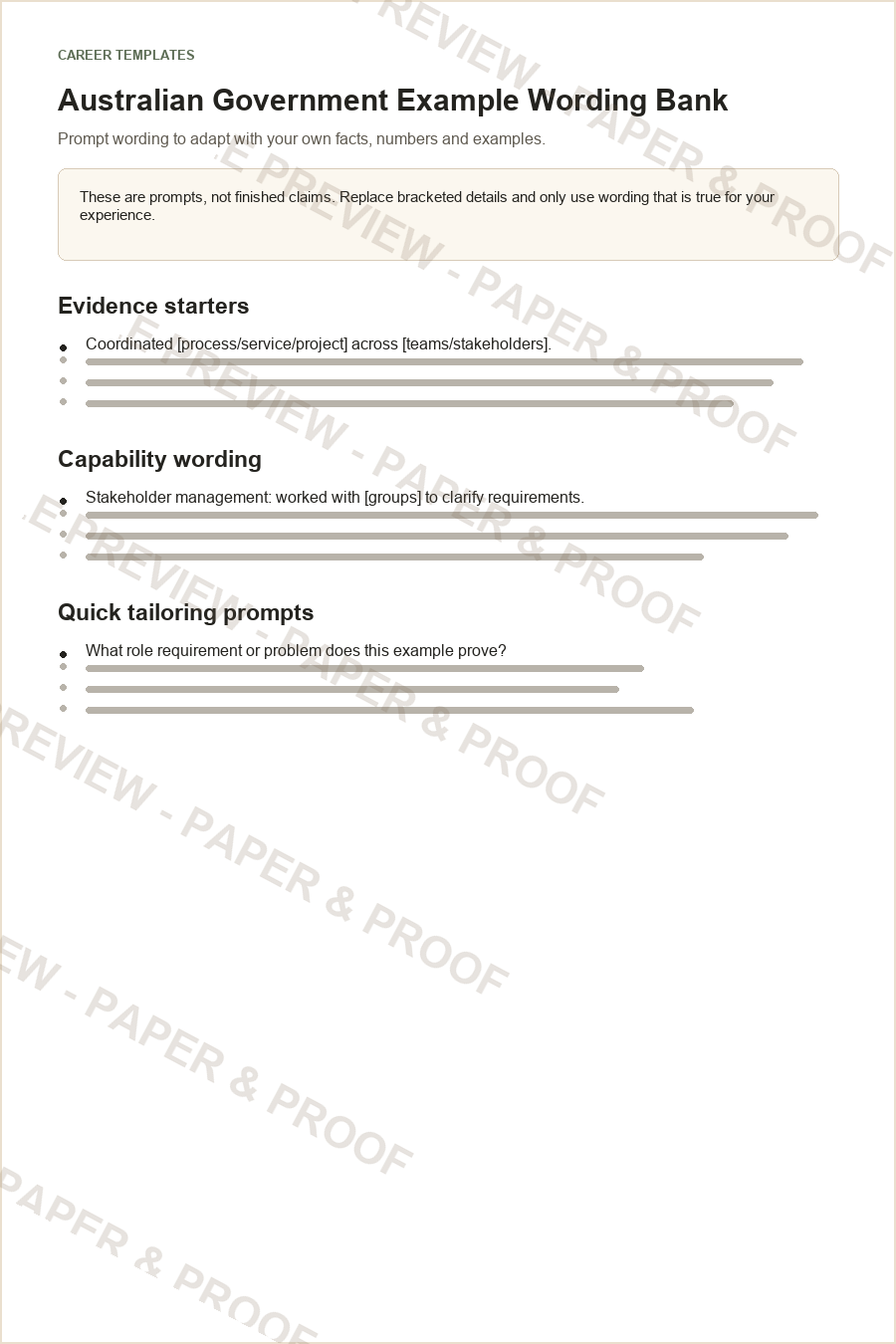 Watermarked preview of the wording bank from the APS Job Application Pack