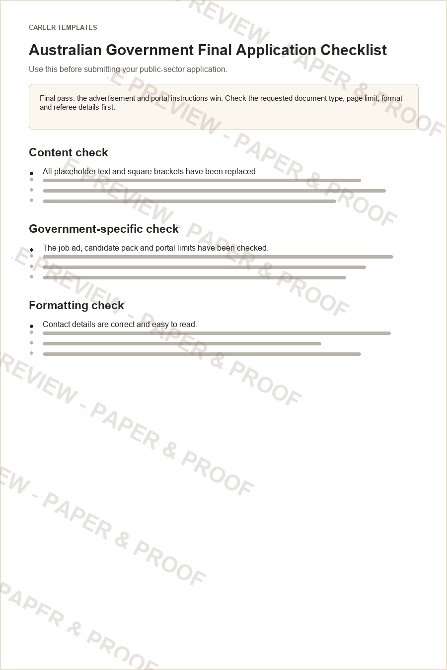 Watermarked preview of the final checklist from the APS Job Application Pack