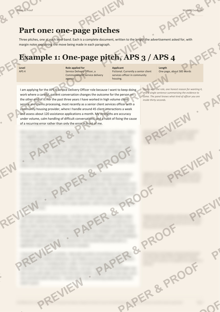 Watermarked and partly blurred preview of the APS 4 one-page pitch worked example from the APS Job Application Pack