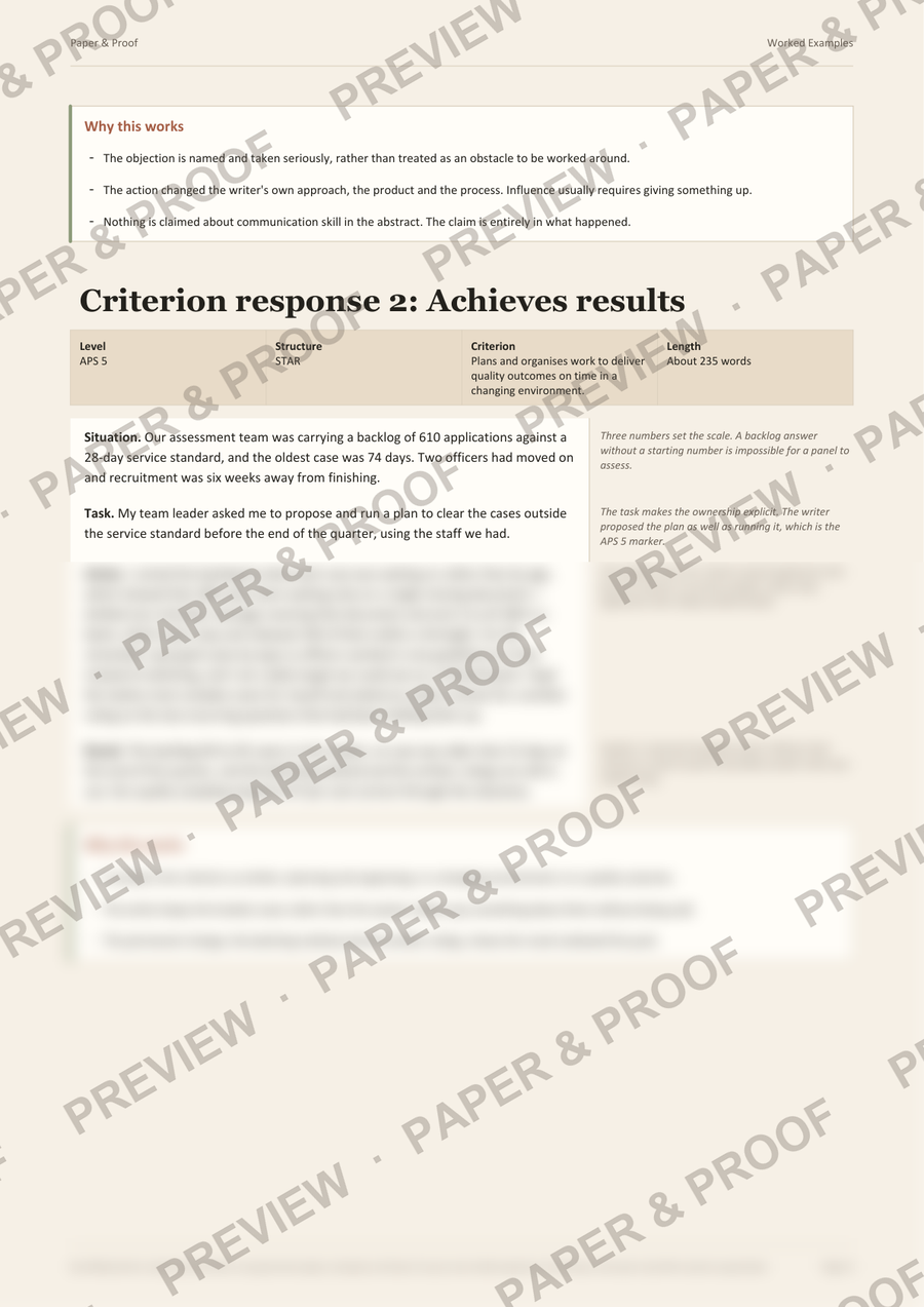 Watermarked and partly blurred preview of a STAR selection criteria response worked example from the APS Job Application Pack