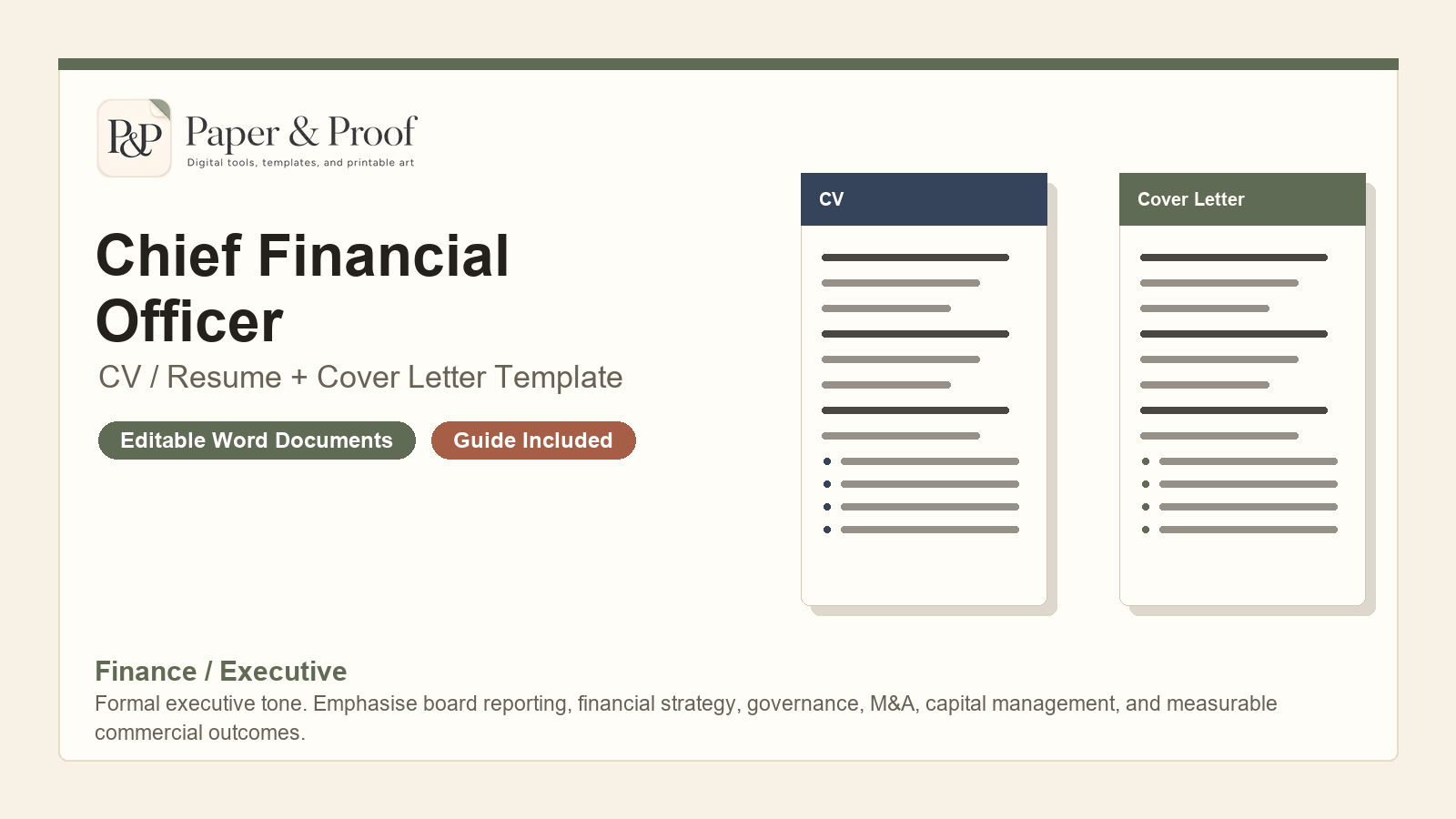 Chief Financial Officer CV and cover letter template pack preview