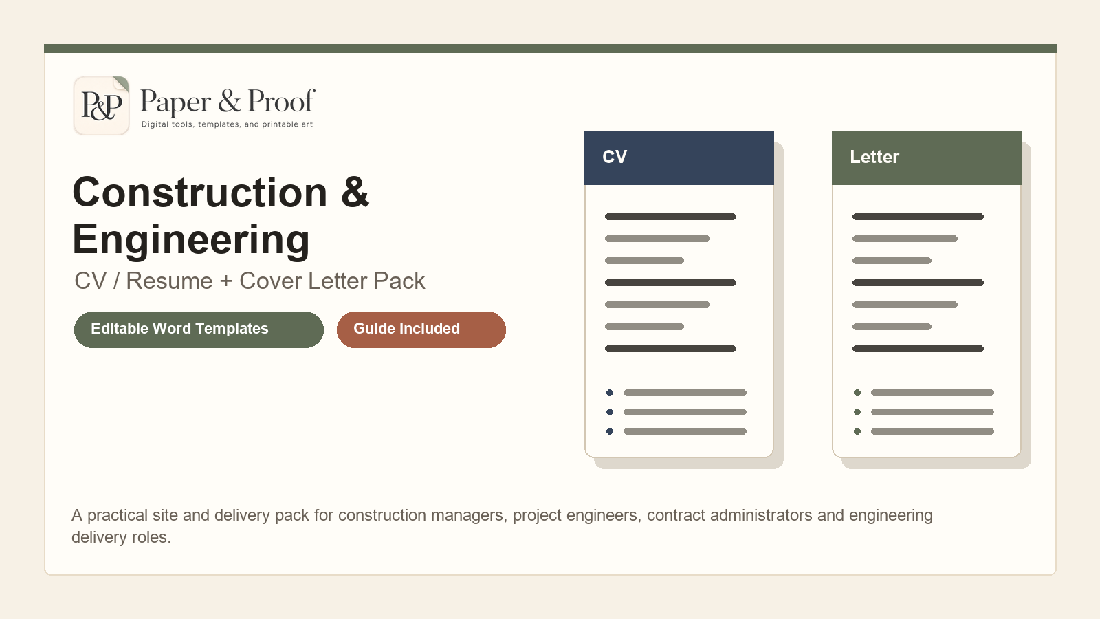 Construction and Engineering CV resume and cover letter pack preview