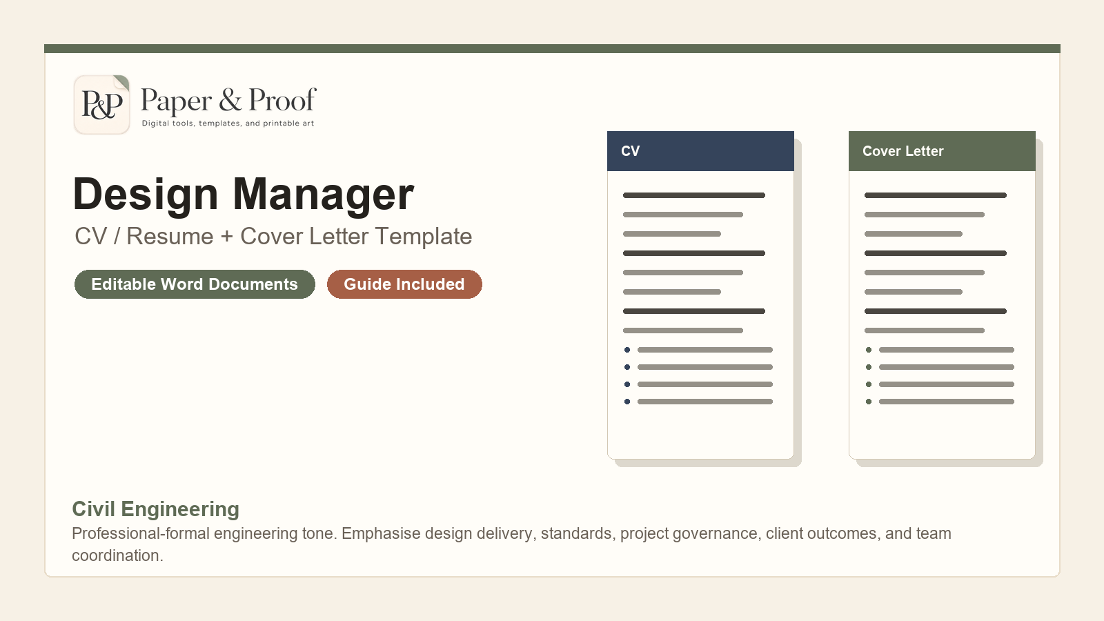 Design Manager CV and cover letter template pack preview