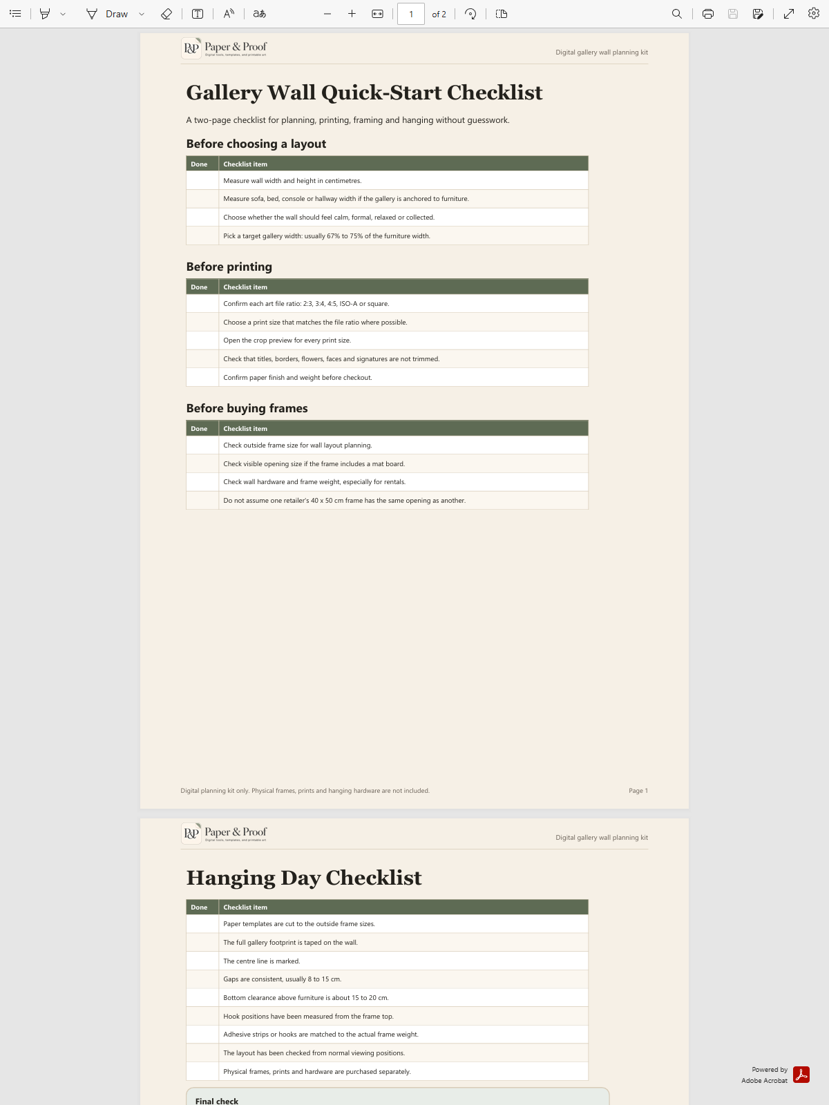 Preview of the quick-start gallery wall checklist
