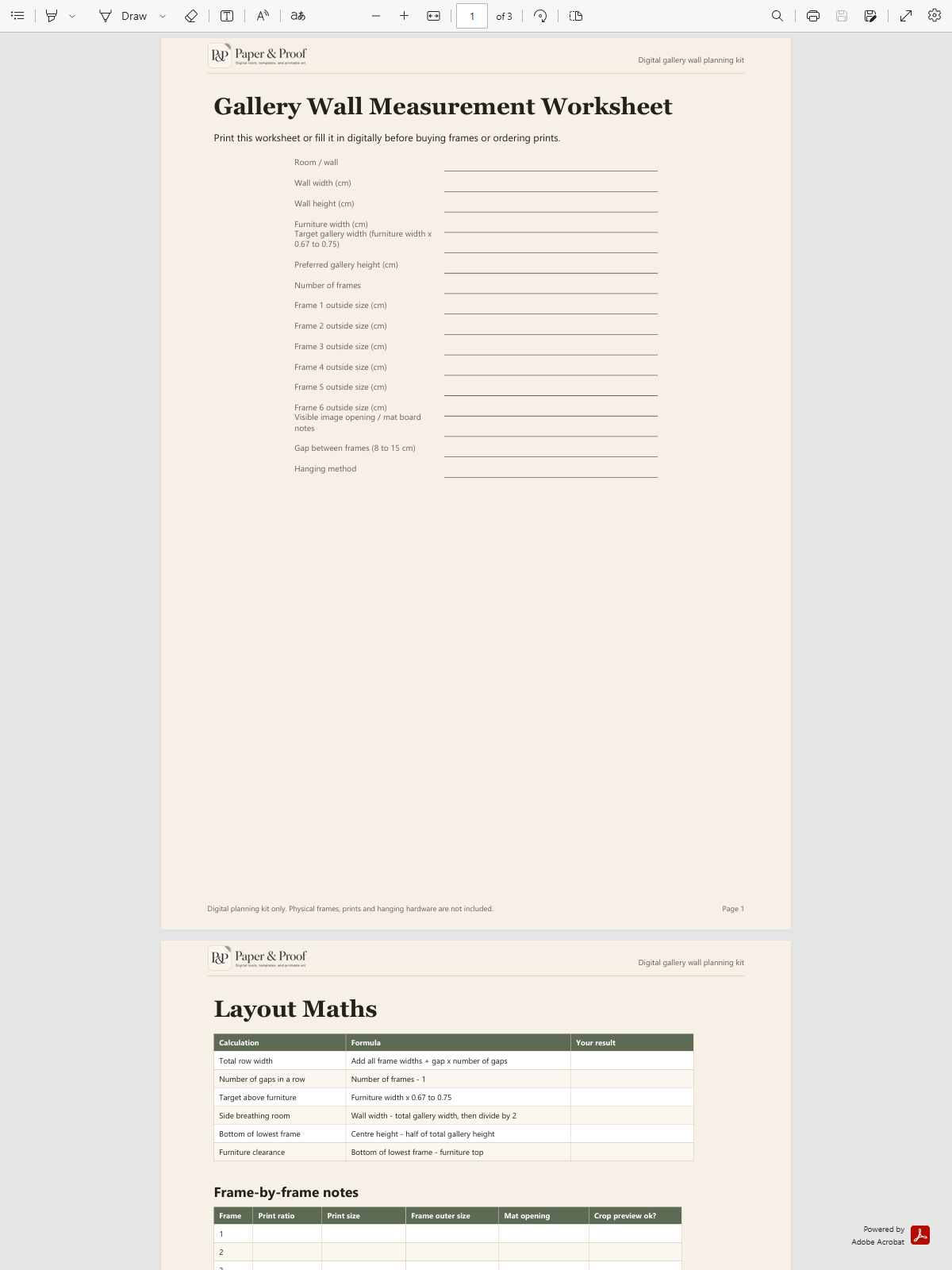 Preview of the gallery wall measurement worksheet