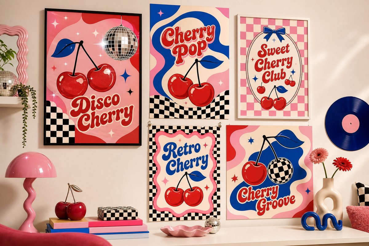 Pop retro cherry printable art mockup