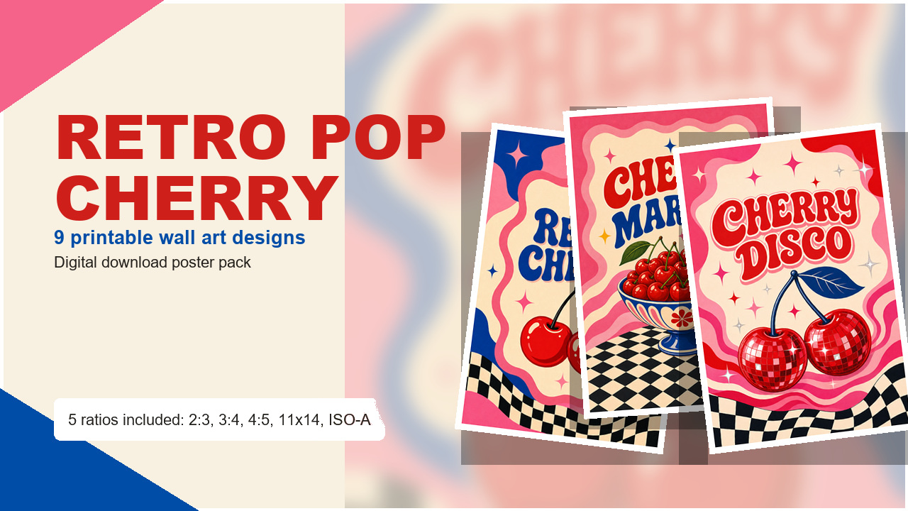 Retro Pop Cherry nine-artwork printable wall art set cover preview