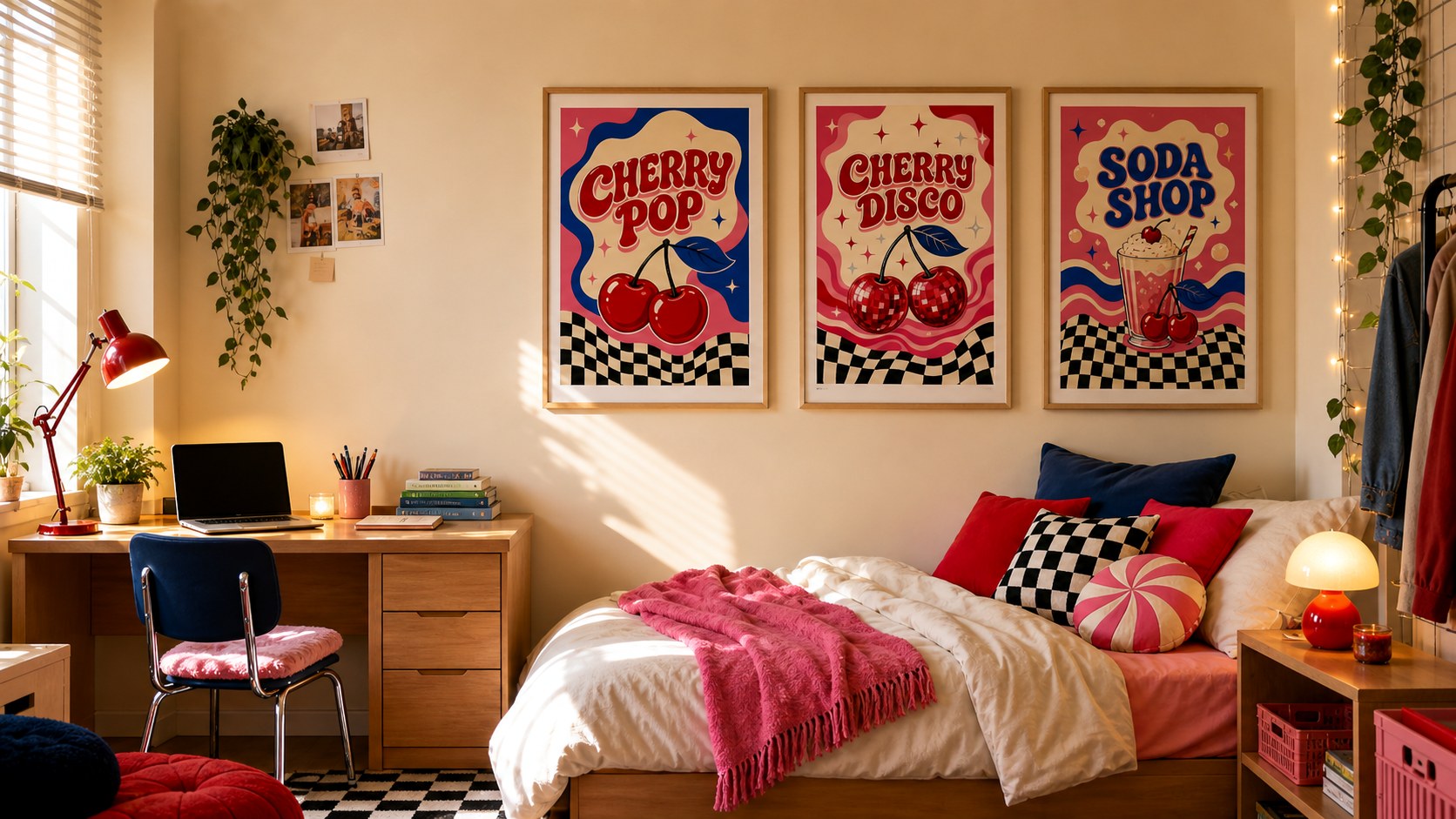 Retro Pop Cherry prints styled above a bed in a colourful bedroom