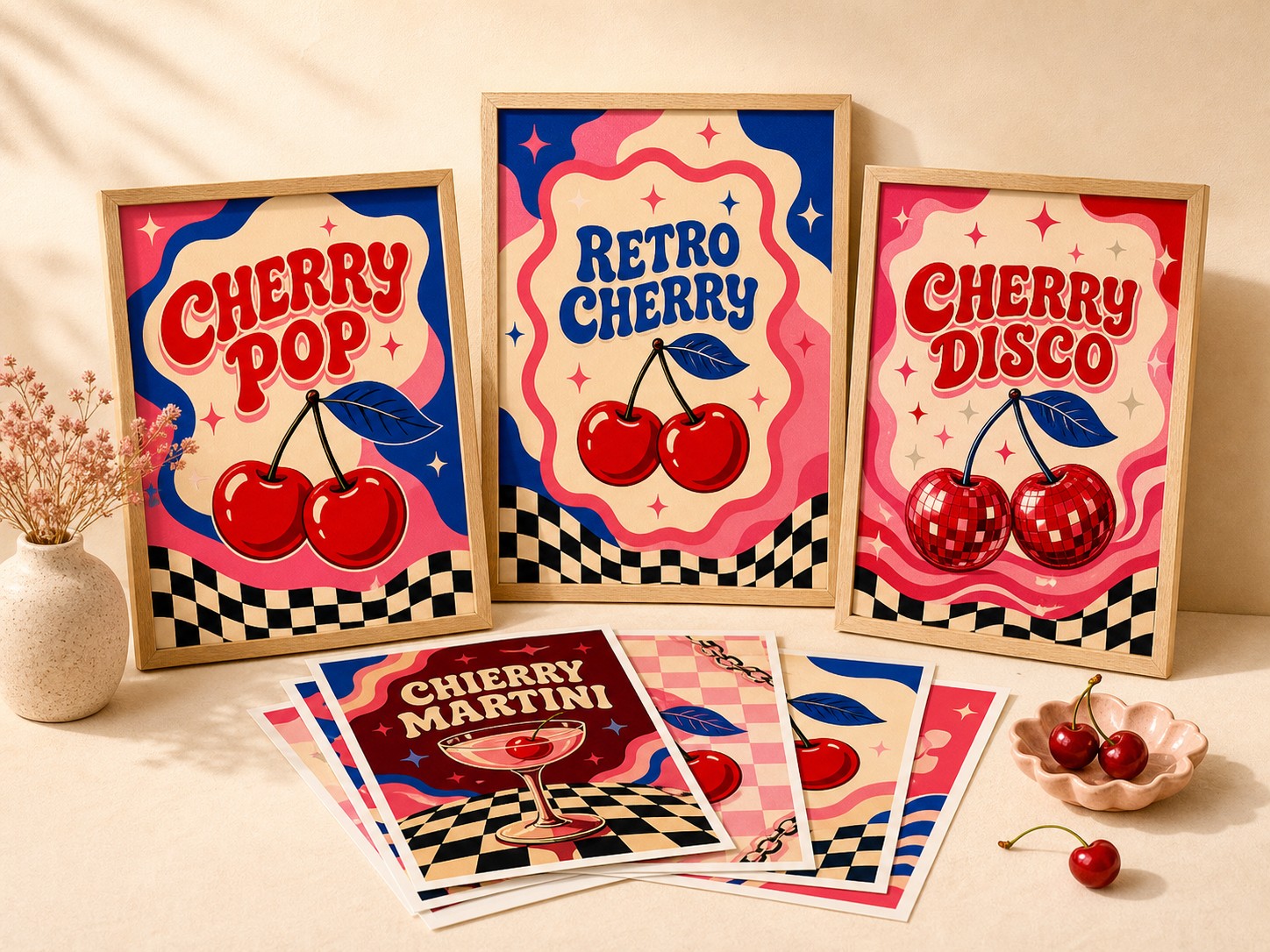 Retro Pop Cherry framed printable wall art mockup