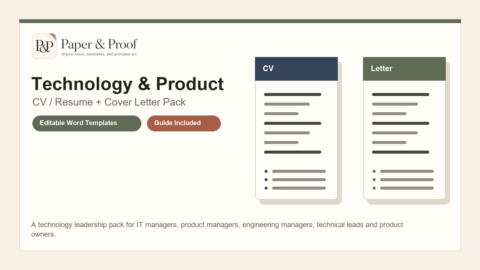 Technology and Product CV resume and cover letter pack preview