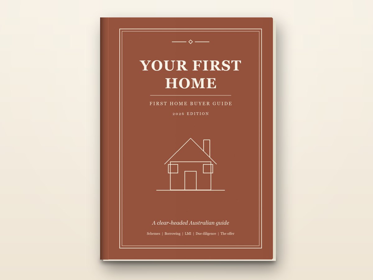 Your First Home guide, shown as a terracotta hardback with cream lettering