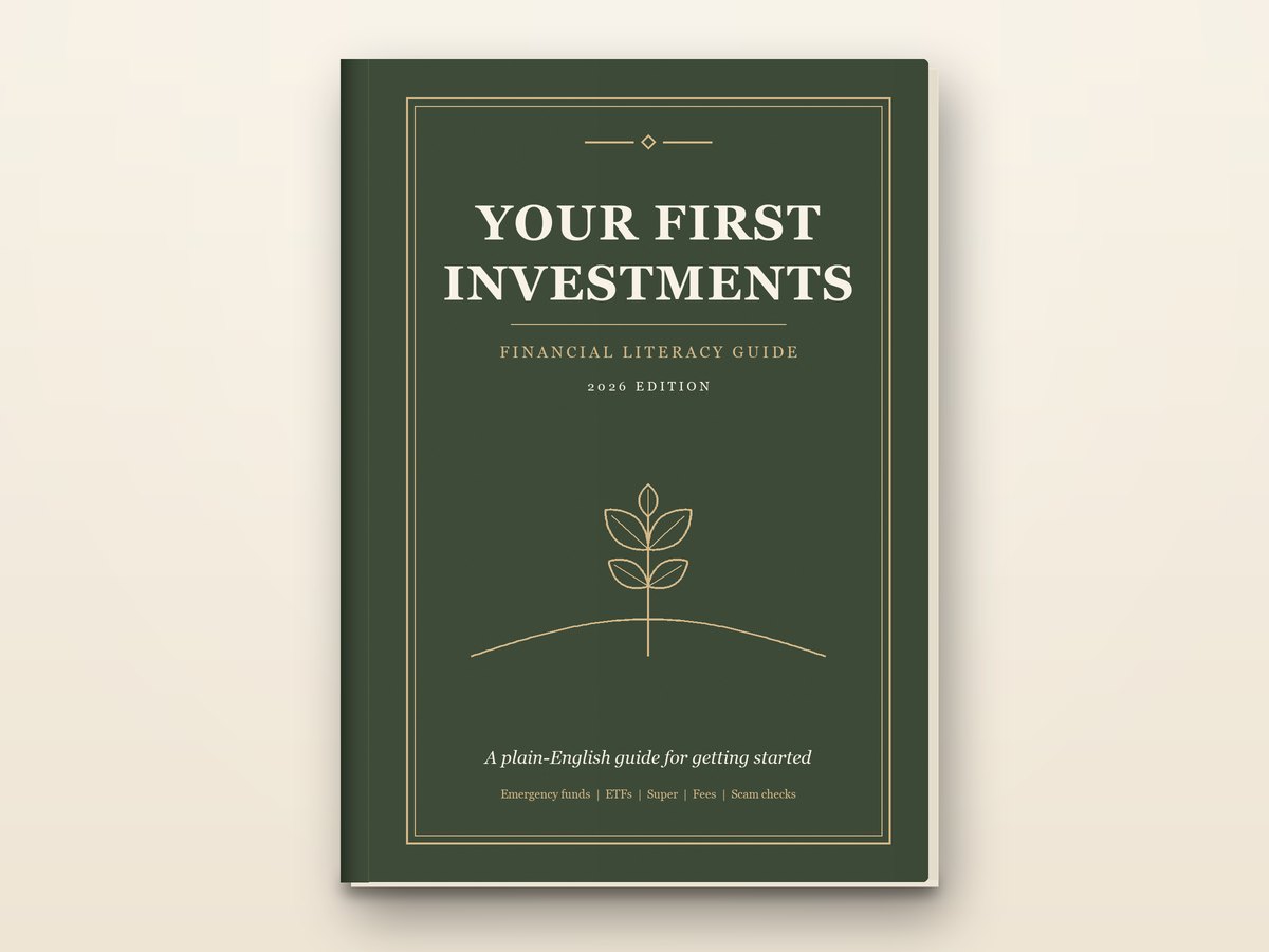 Your First Investments guide, shown as a green hardback with gold lettering